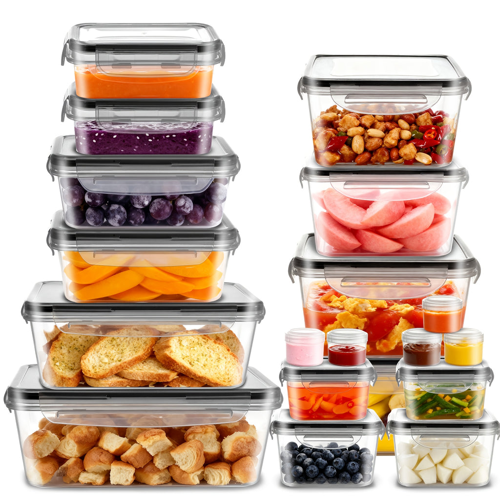 28/44/54pcs Large Capacity Covered Food Storage Container, Leak Proof Plastic Lunch Box, Suitable for Pantry, Travel, Outdoor Picnics, Kitchen Cleaning (12/20/25 Container And 12/20/25 Lid), Microwave And Dishwasher Safety, Including Labels And Pens