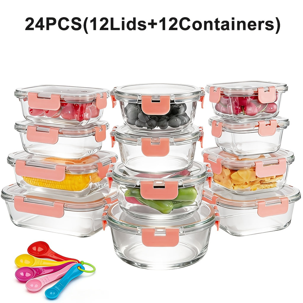 24-Piece Glass Food Container Set, Glass Meal Prep Containers with Leakproof Airtight Lids, for Outdoor Picnics, Lunch Boxes, Microwave, and Oven Use - Perfect for Salads, Fruits, Vegetables, and Sandwiches, Lunch Box | Airtight Storage | Durable
