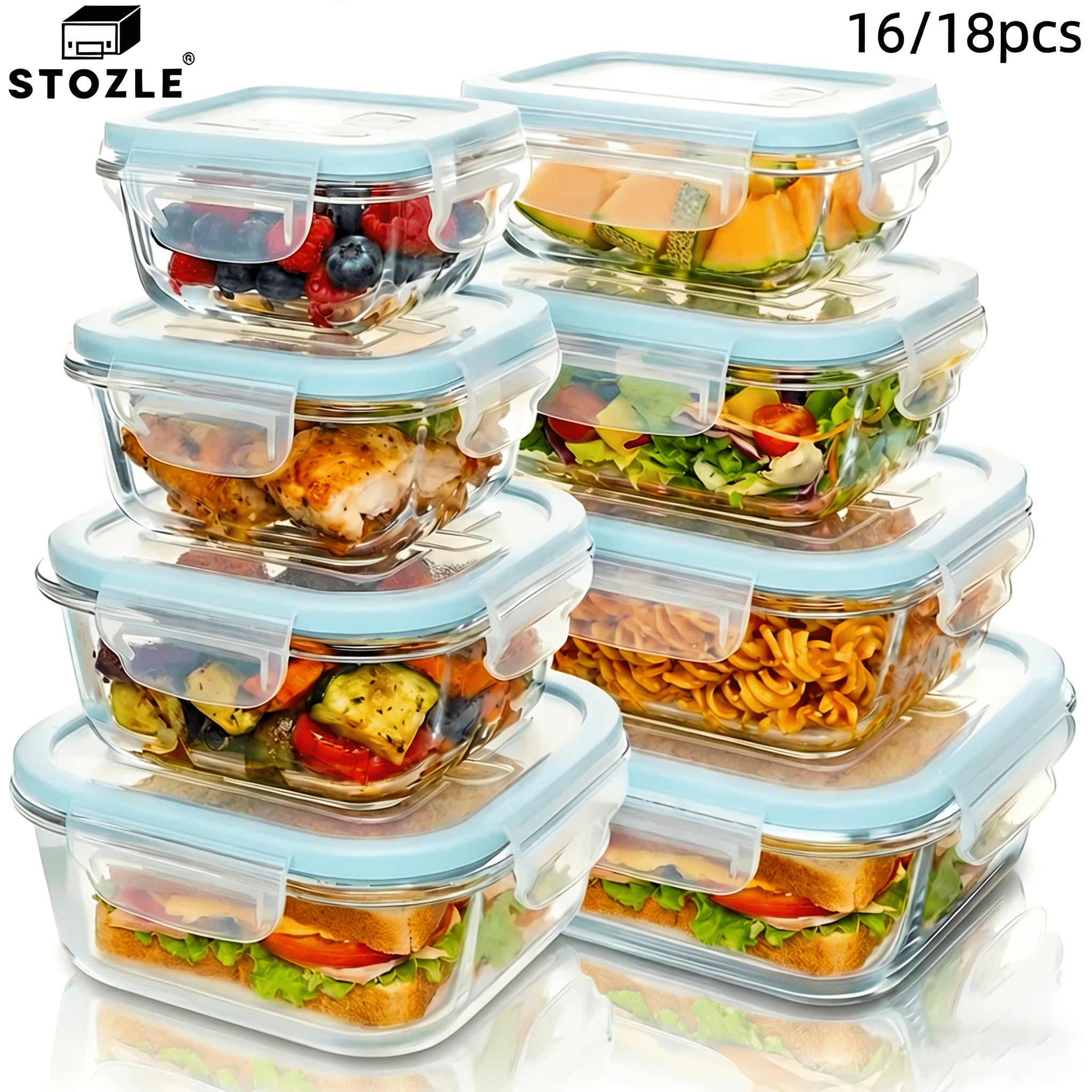 16pcs Sealed Glass Food Storage Containers, Lunch Box, Microwave, Oven - Great For Salads, Fruits, Vegetables And Sandwiches, Lunch Box | Sealed Storage | Durable Glass, Food Storage Containers (8 Lids + 8 Containers)