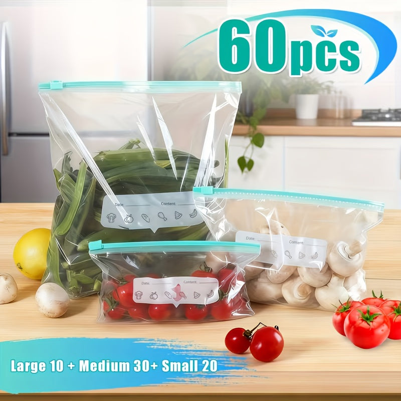 60pcs Zipper Storage Bags in 3 Sizes, Food Sorting and Storage Bags, Food Fresh-Keeping Sealed Bags, Suitable for Fruits, Grains, Vegetables, and Meat, Kitchen Storage and Organization, Kitchen Accessories
