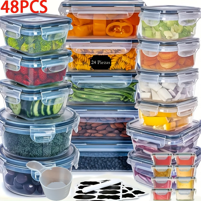 12/24/48pcs Food Storage Containers Set Kitchen Organizers Meal Prep Container Airtight, BPA-Free Reusable Snack Lunch Containers, Easy-Snap Lids, Plastic Snapware(6/12/24 Containers+6/12/24 Lids) Pantry Kitchen Organization With Labels And Marker