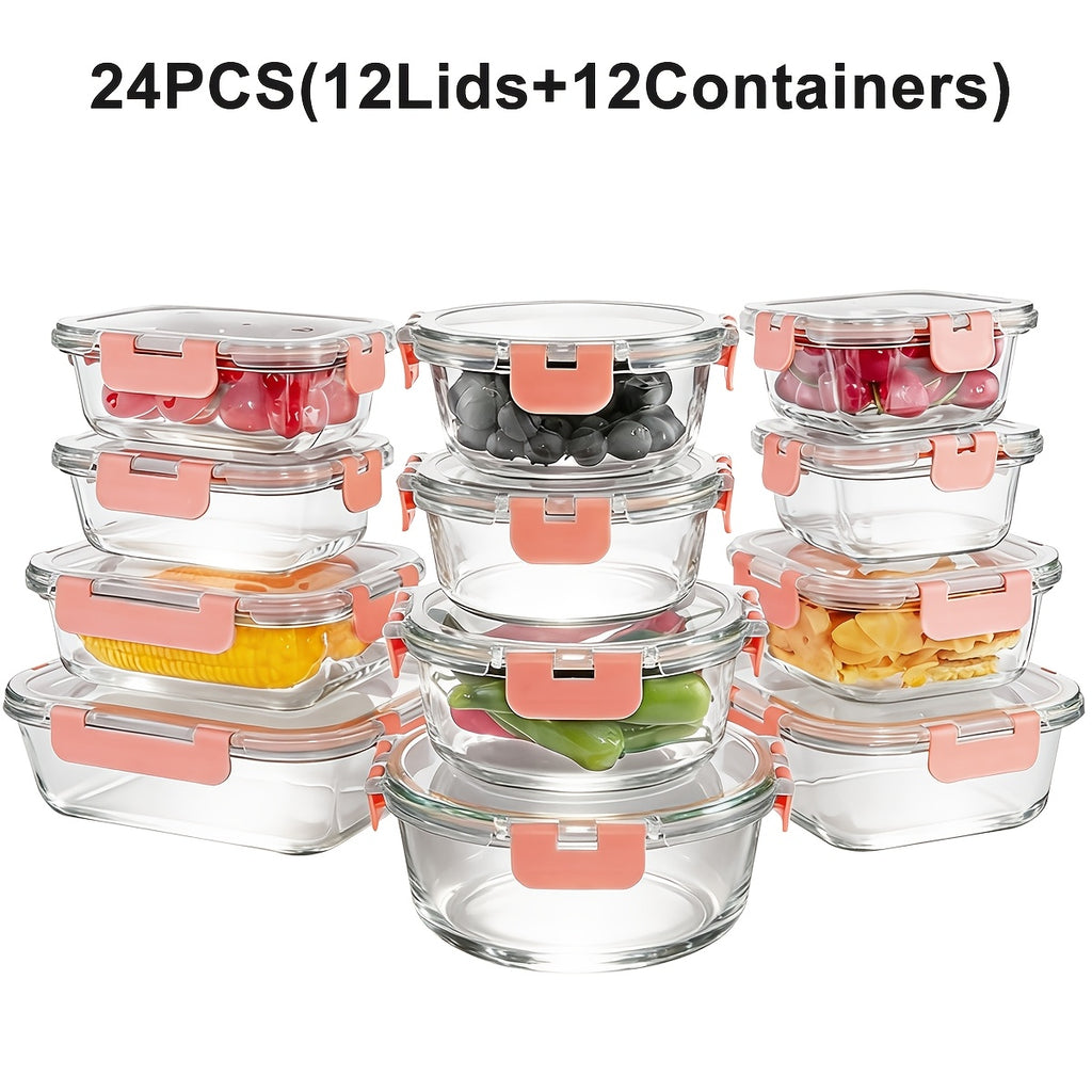 24-Piece Glass Food Container Set, Glass Meal Prep Containers with Leakproof Airtight Lids, for Outdoor Picnics, Lunch Boxes, Microwave, and Oven Use - Perfect for Salads, Fruits, Vegetables, and Sandwiches, Lunch Box | Airtight Storage | Durable