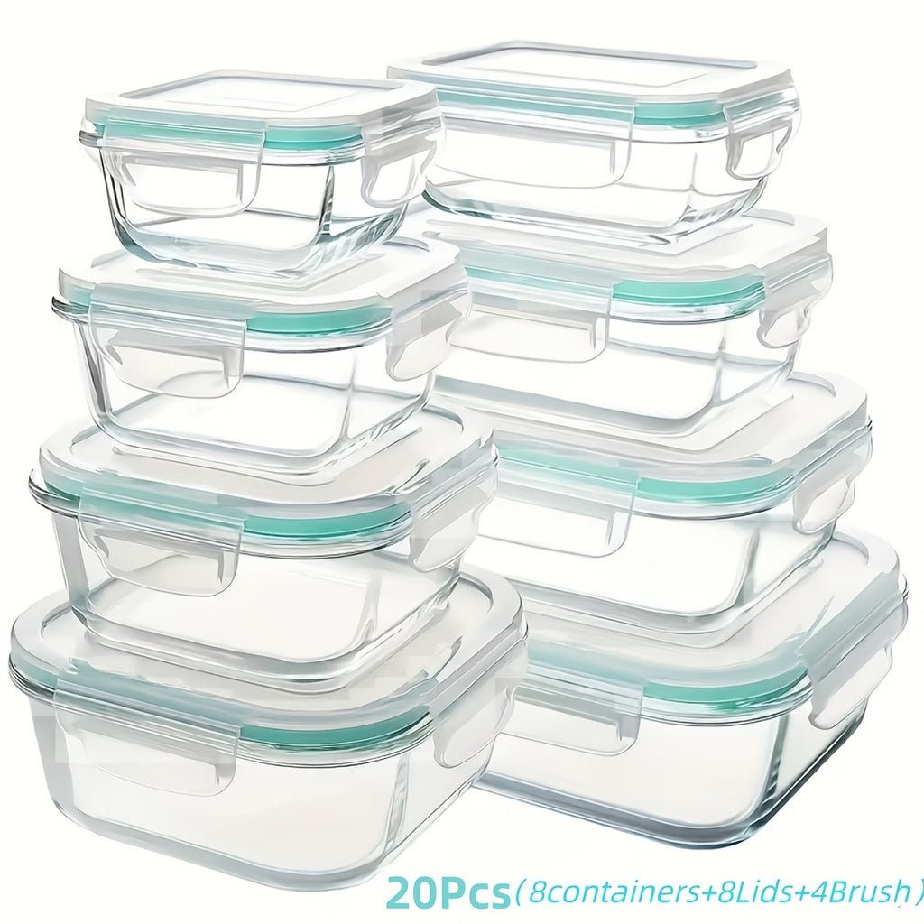 20pcs Sealed Glass Food Storage Containers, Lunch Boxes, Microwave Ovens, Ovens - Perfect for Salads, Fruits, Vegetables, And Sandwiches, Lunch Boxes | Sealed Storage | Durable Glass, Food Storage Containers (8 Lids+8 Containers+4 Brush)