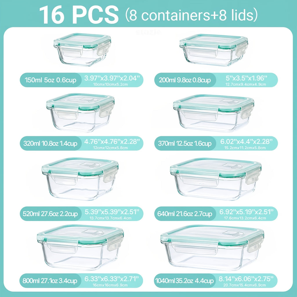 16pcs Sealed Glass Food Storage Containers, Lunch Box, Microwave, Oven - Great For Salads, Fruits, Vegetables And Sandwiches, Lunch Box | Sealed Storage | Durable Glass, Food Storage Containers (8 Lids + 8 Containers)