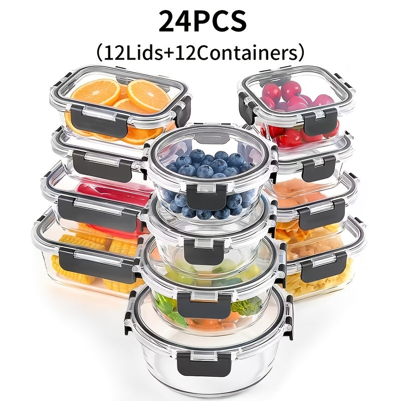 24-Piece Glass Food Container Set, Glass Meal Prep Containers with Leakproof Airtight Lids, for Outdoor Picnics, Lunch Boxes, Microwave, and Oven Use - Perfect for Salads, Fruits, Vegetables, and Sandwiches, Lunch Box | Airtight Storage | Durable