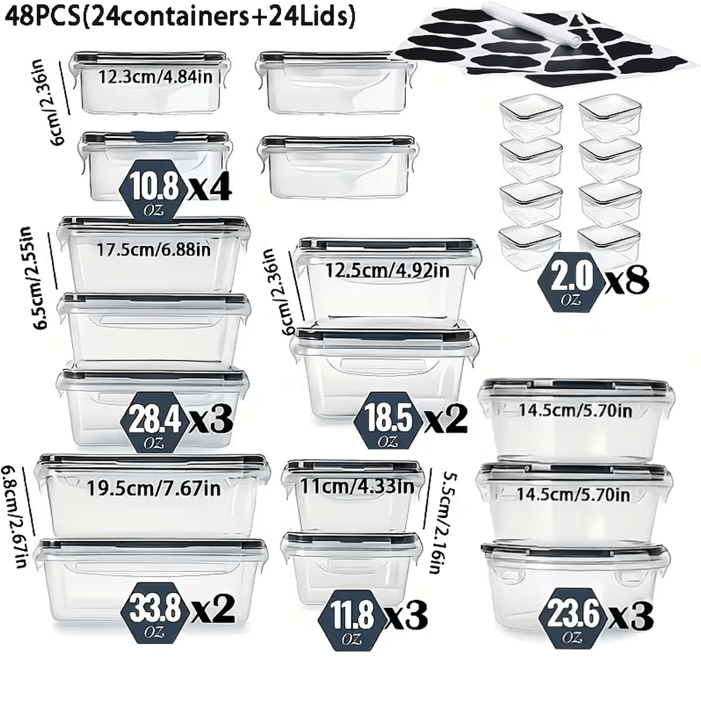 50/48/24pcs Heavy-duty Transparent Stackable Food Storage Box - Suitable For Microwave Ovens And Freezers, Leak Proof Refrigerator Storage Box Multiple Size Rectangular Food Cans, Used For Fruits, Vegetables, Leftovers, 25/24/12pcss Lid+25/24/12pcss