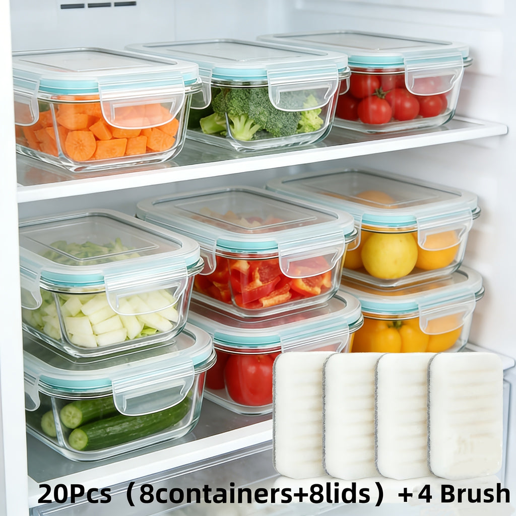 20pcs Sealed Glass Food Storage Containers, Lunch Boxes, Microwave Ovens, Ovens - Perfect for Salads, Fruits, Vegetables, And Sandwiches, Lunch Boxes | Sealed Storage | Durable Glass, Food Storage Containers (8 Lids+8 Containers+4 Brush)