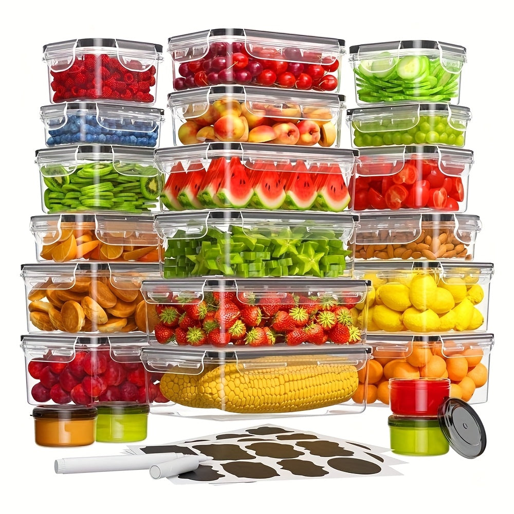 28/44/54pcs Large Capacity Covered Food Storage Container, Leak Proof Plastic Lunch Box, Suitable for Pantry, Travel, Outdoor Picnics, Kitchen Cleaning (12/20/25 Container And 12/20/25 Lid), Microwave And Dishwasher Safety, Including Labels And Pens